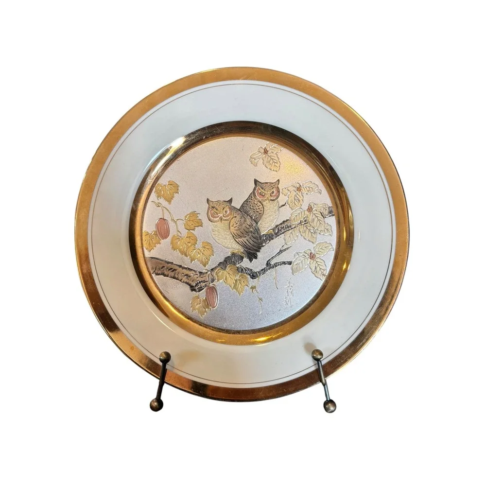Vintage Chokin Art Plates Yoshinobu Hara Peacock Owls Gold Silver Gilt Set of 2